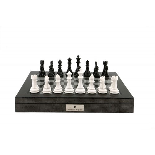 Dal Rossi Italy Carbon Fibre Shiny Finish Chess Box 20” with Black and White Chess Pieces